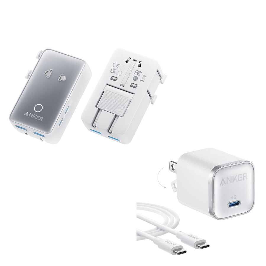 anker ナノトラベルアダプター(5-in-1、20w、1パック)とanker ナノチャージャー(45w)、usb-c - usb-cケーブル付き