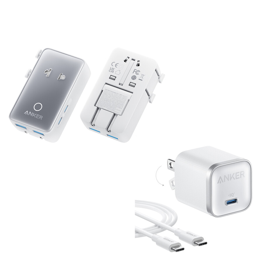 anker ナノトラベルアダプター(5-in-1、20w、1パック)とanker ナノチャージャー(45w)、usb-c - usb-cケーブル付き