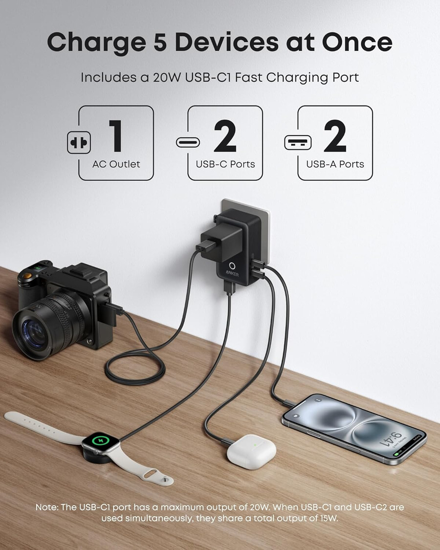 anker ナノトラベルアダプター(5-in-1、20w、1パック)とanker ナノチャージャー(45w)、usb-c - usb-cケーブル付き