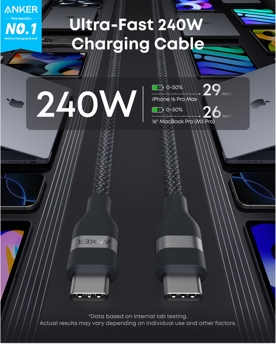 anker usb-c - usb-c ケーブル 3 フィート 6 フィート、240w、アップサイクル編み