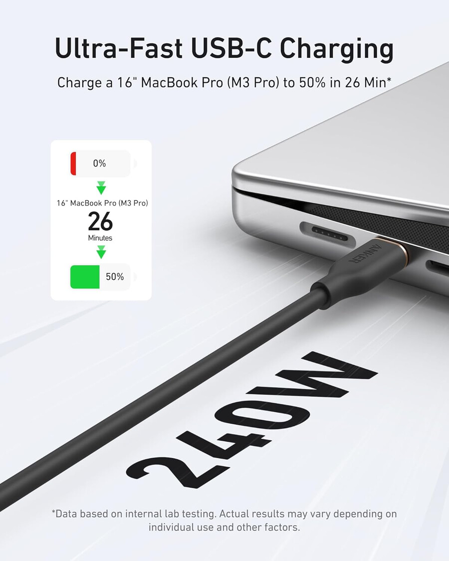 anker 643 usb-c - usb-c ケーブル flow、シリコン、240w、2本パック、ミッドナイトブラック