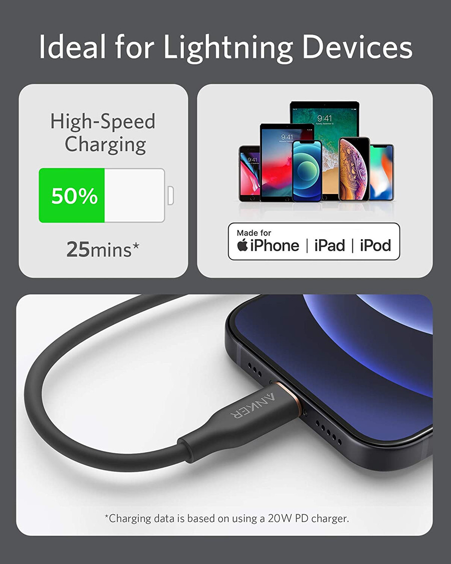 anker 641 usb-c - lightning ケーブル flow、3フィート シリコン