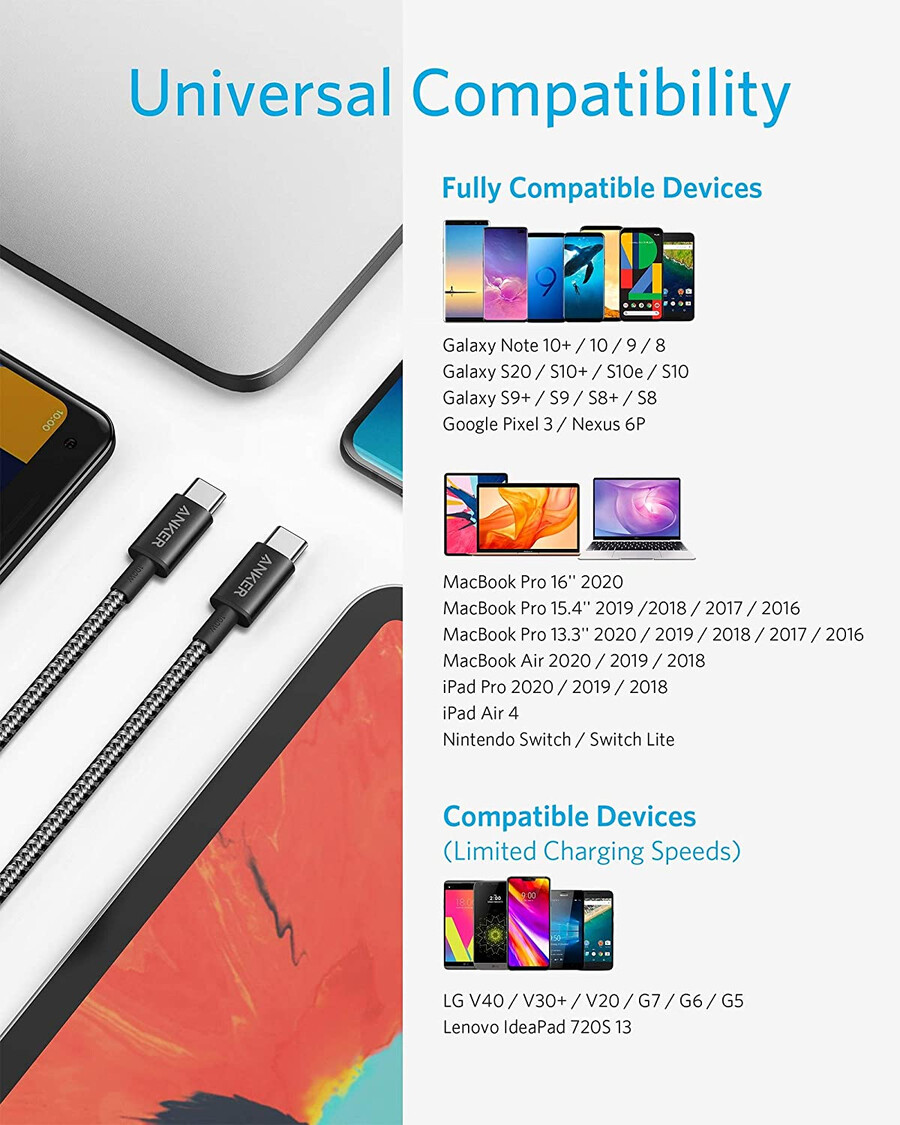 新しいナイロン製 usb-c - usb-c 100w ケーブル 10 フィート、2 個パック