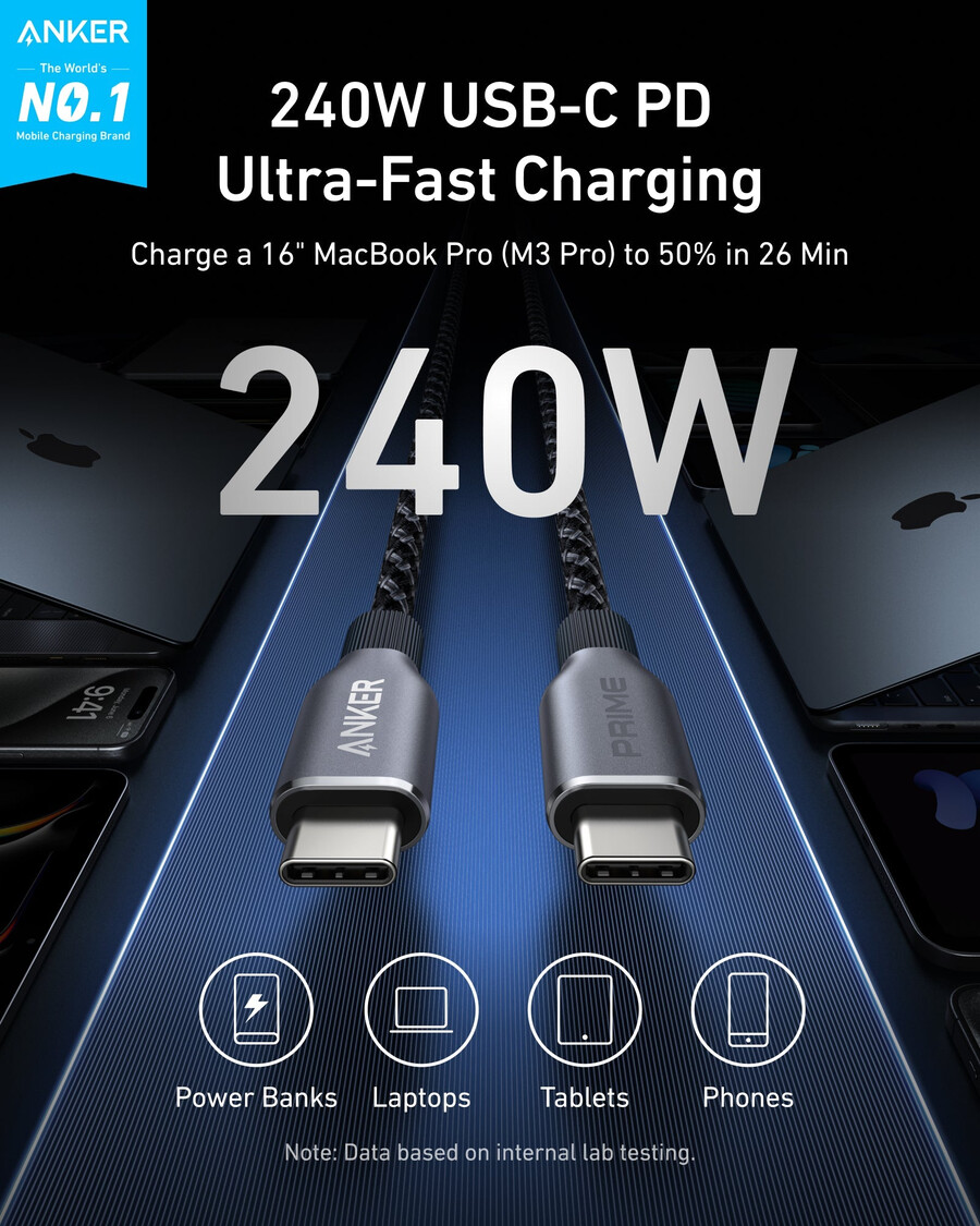 anker prime usb-c - usb-c ケーブル 240w、アップサイクル編み込み、2本パック