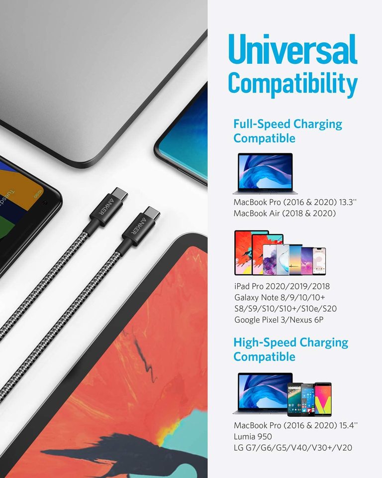anker 新ナイロン usb-c - usb-c ケーブル 2 個パック 3 フィート 6 フィート、60w