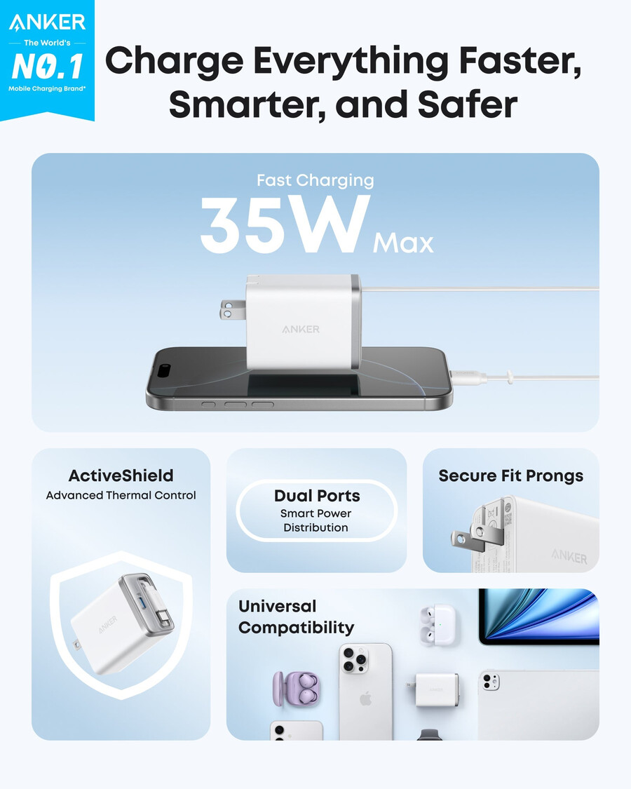 anker ナノ チャージャー 35w、内蔵型 usb-c ケーブル