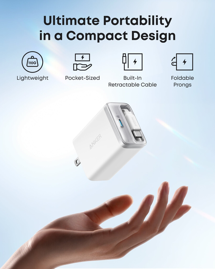 anker ナノ チャージャー 35w、内蔵型 usb-c ケーブル