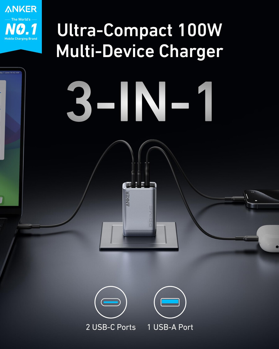 anker prime 充電器 100w、3 ポート、gan と anker usb-c - usb-c ケーブル 3 フィート 6 フィート、240w、アップサイクル編み