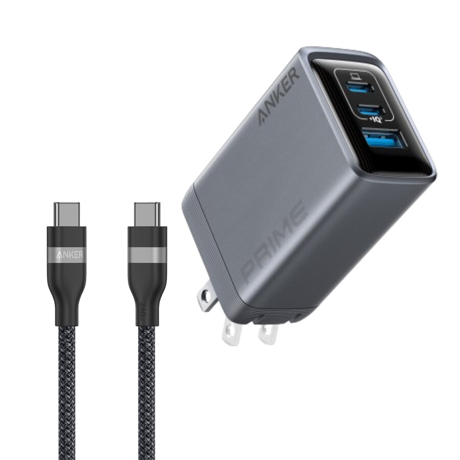 anker prime 充電器 100w、3 ポート、gan と anker usb-c - usb-c ケーブル 3 フィート 6 フィート、240w、アップサイクル編み