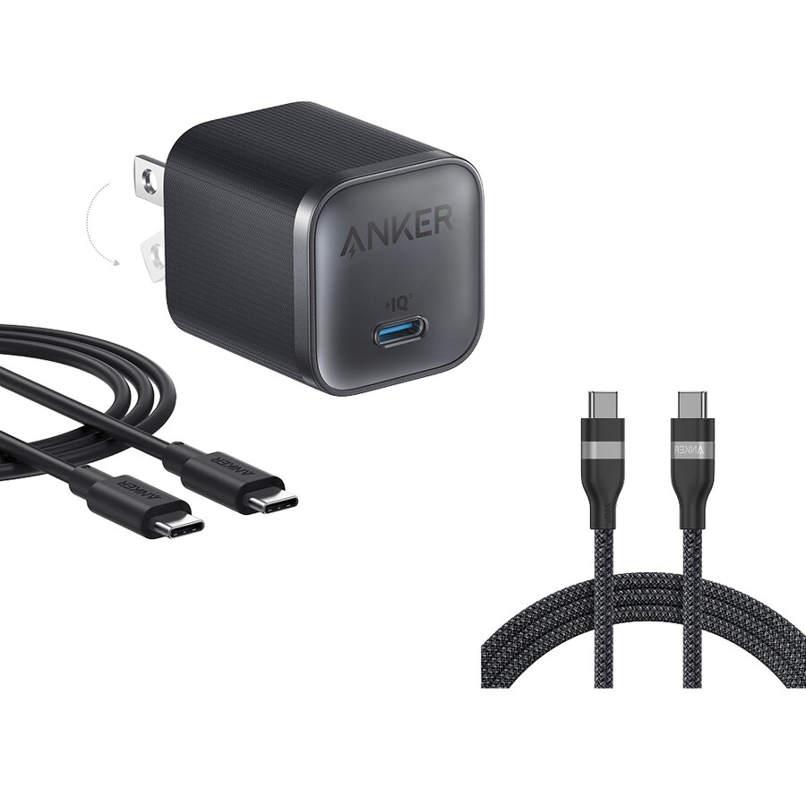 anker ナノ チャージャー 45w、usb-c - usb-c ケーブル、anker usb-c - usb-c ケーブル 6 フィート、240w、アップサイクル編み 付属
