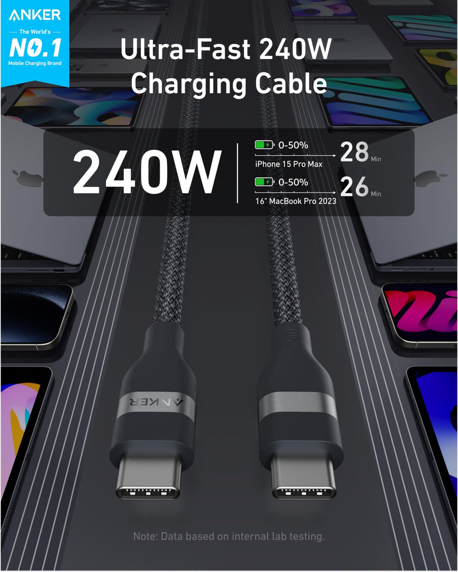 anker ナノ チャージャー 45w、usb-c - usb-c ケーブル、anker usb-c - usb-c ケーブル 6 フィート、240w、アップサイクル編み 付属