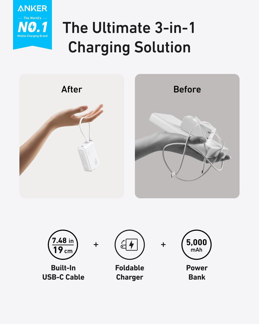 anker パワーバンク 30w、5k、fusion、usb-c ケーブル内蔵