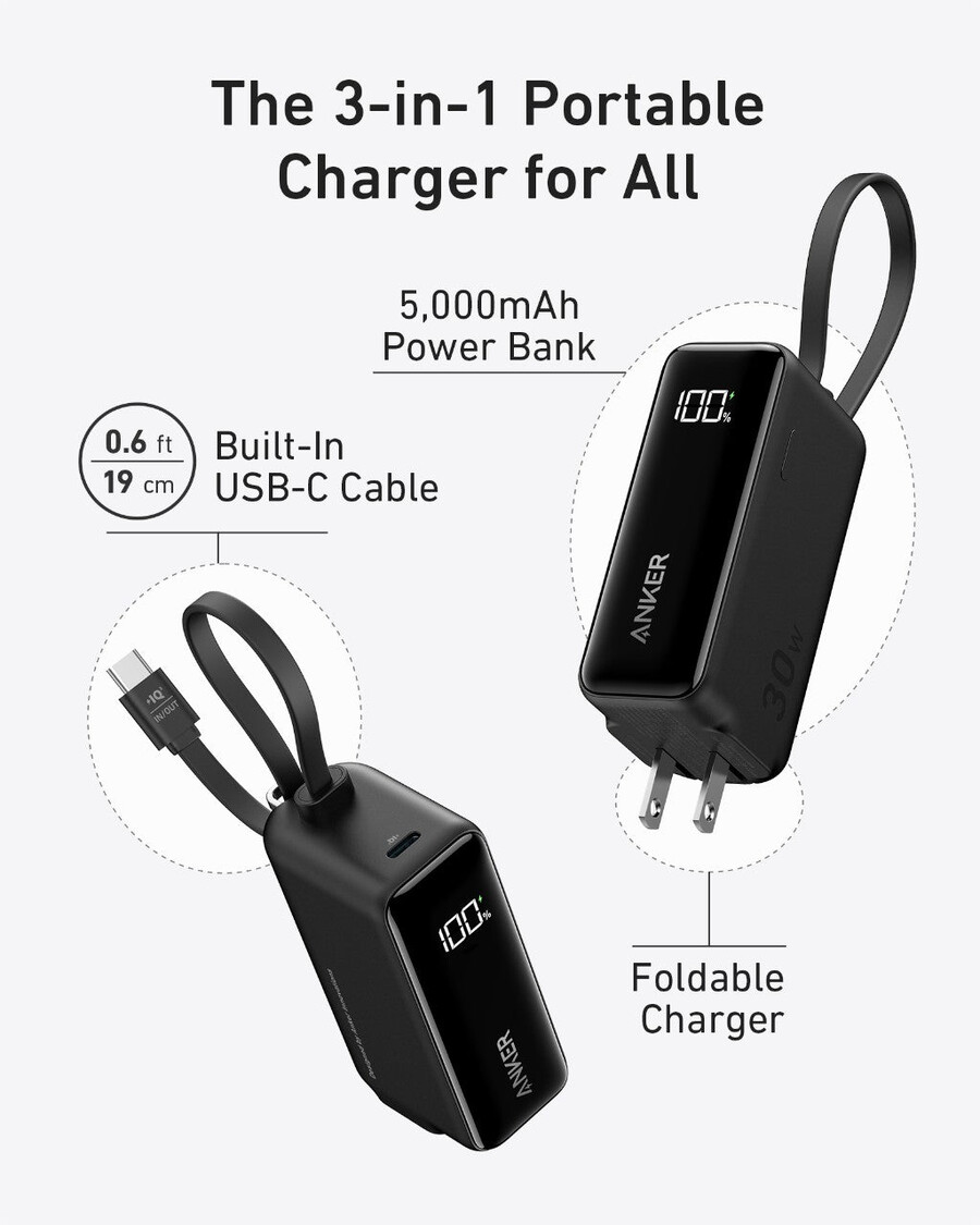 anker パワーバンク 30w、5k、fusion、usb-c ケーブル内蔵