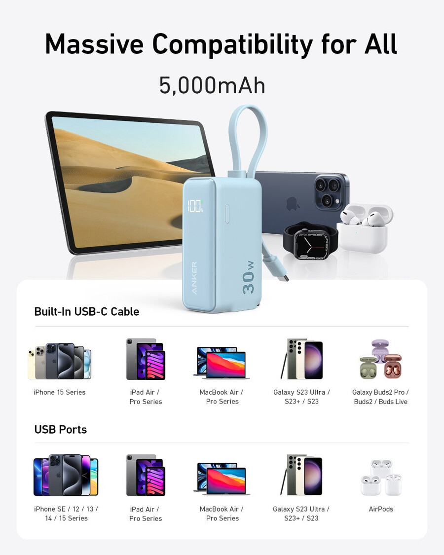 anker パワーバンク 30w、5k、fusion、usb-c ケーブル内蔵