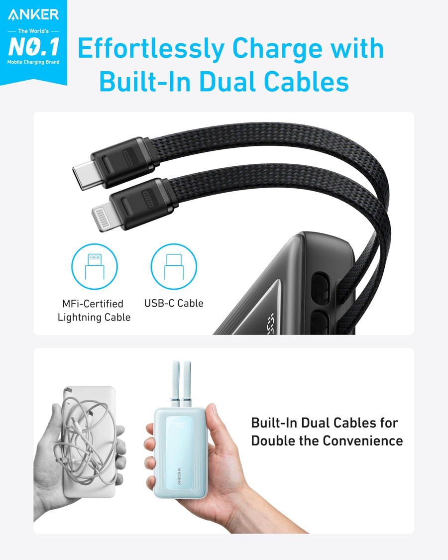 anker zolo パワーバンク 20k、usb-c および lightning ケーブル内蔵