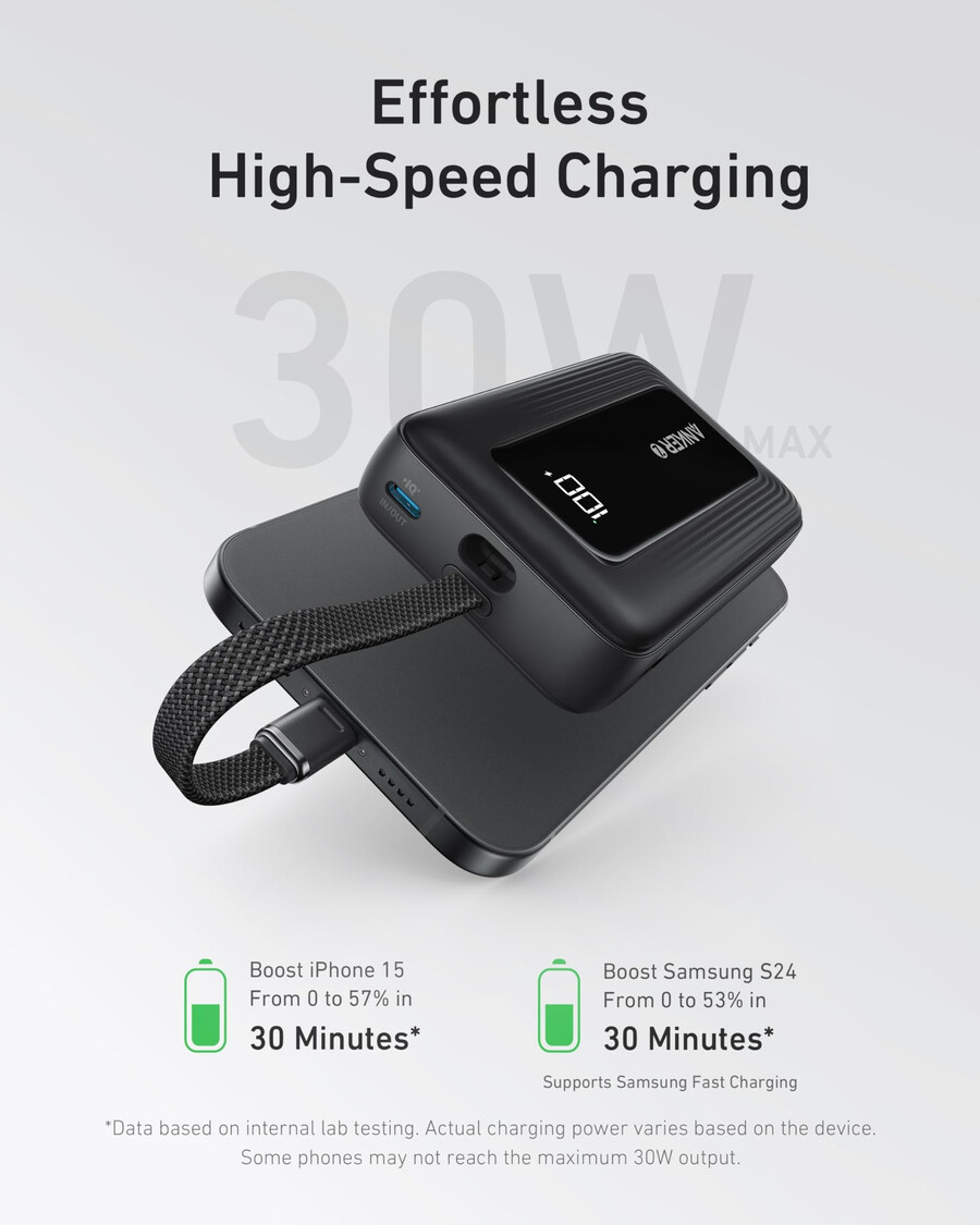 5.4インチ(13.7cm)のusb-cケーブルを内蔵したanker zoloパワーバンク(10k、30w)。