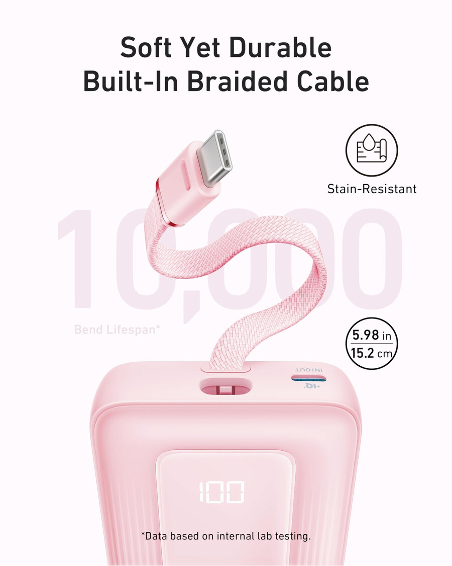 5.4インチ(13.7cm)のusb-cケーブルを内蔵したanker zoloパワーバンク(10k、30w)。
