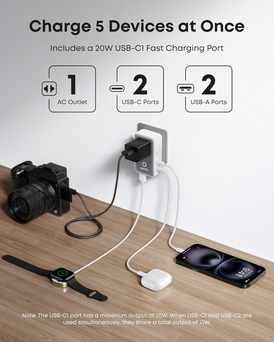 anker maggo ワイヤレス充電ステーション 3-in-1、折りたたみ式パッド と anker nano トラベルアダプター 5-in-1、20w、1 パック