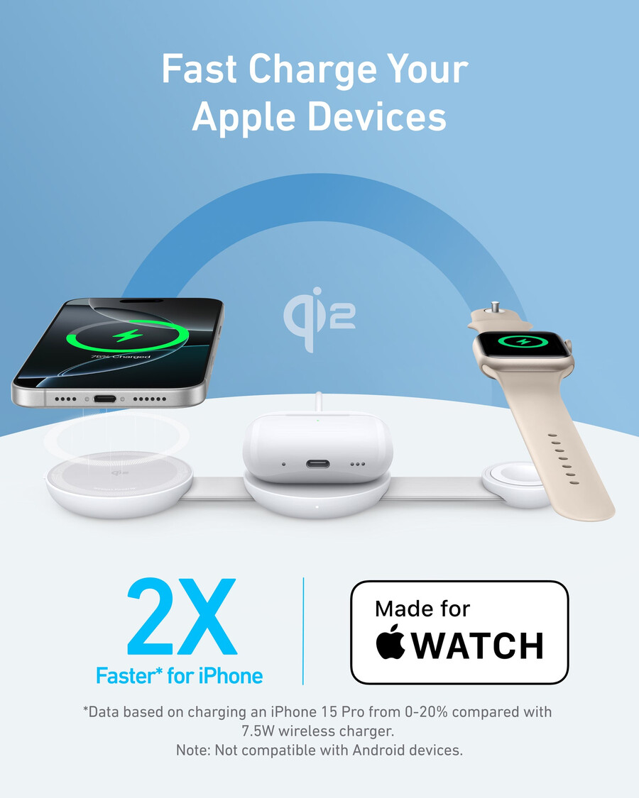 anker maggo ワイヤレス充電ステーション 3-in-1、折りたたみ式パッド と anker nano トラベルアダプター 5-in-1、20w、1 パック